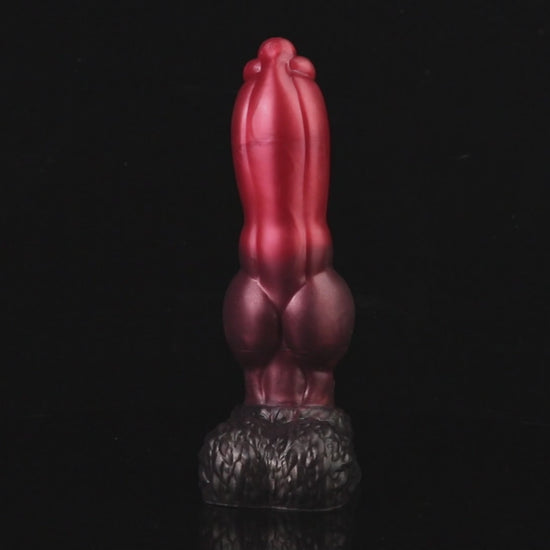 Evren the Moonfang dildo, Dusk colorway, product video showing the piece standing on its fur-textured suction base