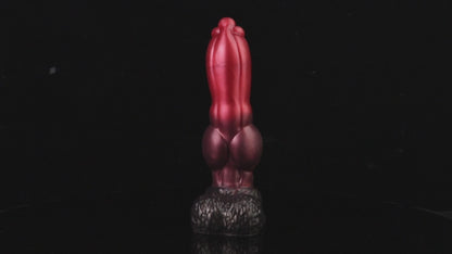 Evren the Moonfang dildo, Dusk colorway, product video showing the piece standing on its fur-textured suction base