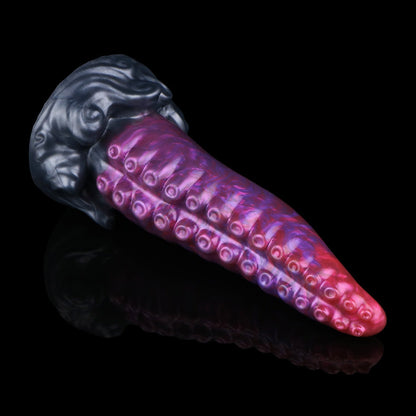 Tendrul the Tentacle dildo, Adrenaline colorway, lying on its side in full profile showing metallic purple and crimson veining over a gunmetal base