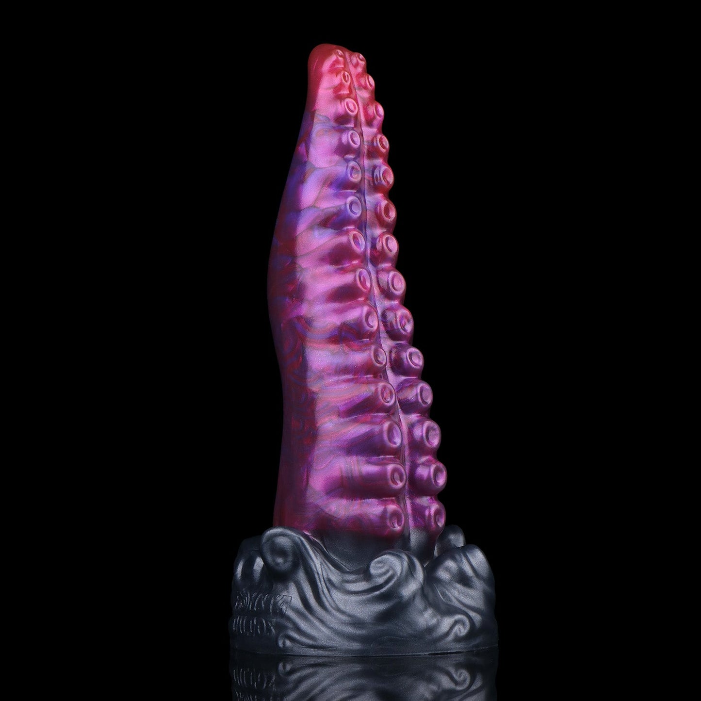 Tendrul the Tentacle dildo, Adrenaline colorway, standing upright with the rows of suckers facing forward