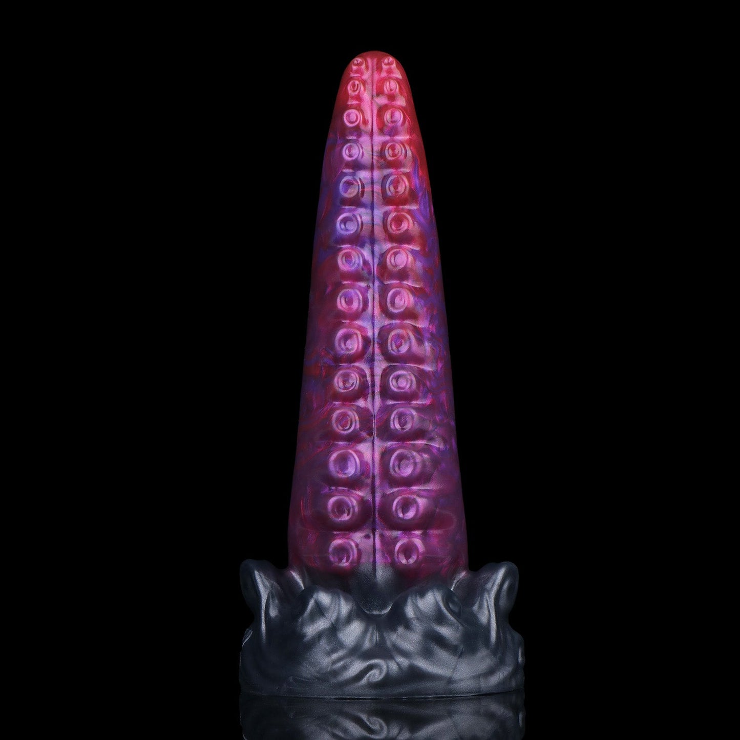Tendrul the Tentacle dildo, Adrenaline colorway, standing upright showing the smooth back of the tapering tentacle