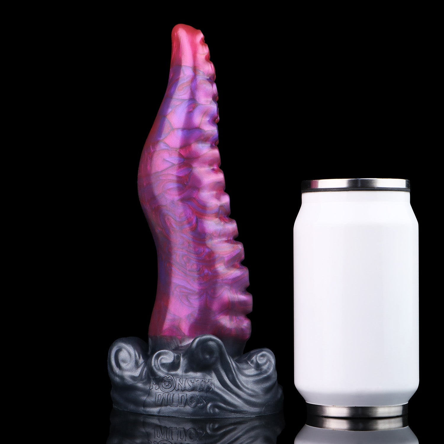 Tendrul the Tentacle dildo, Adrenaline colorway, standing upright beside a soda can for size comparison
