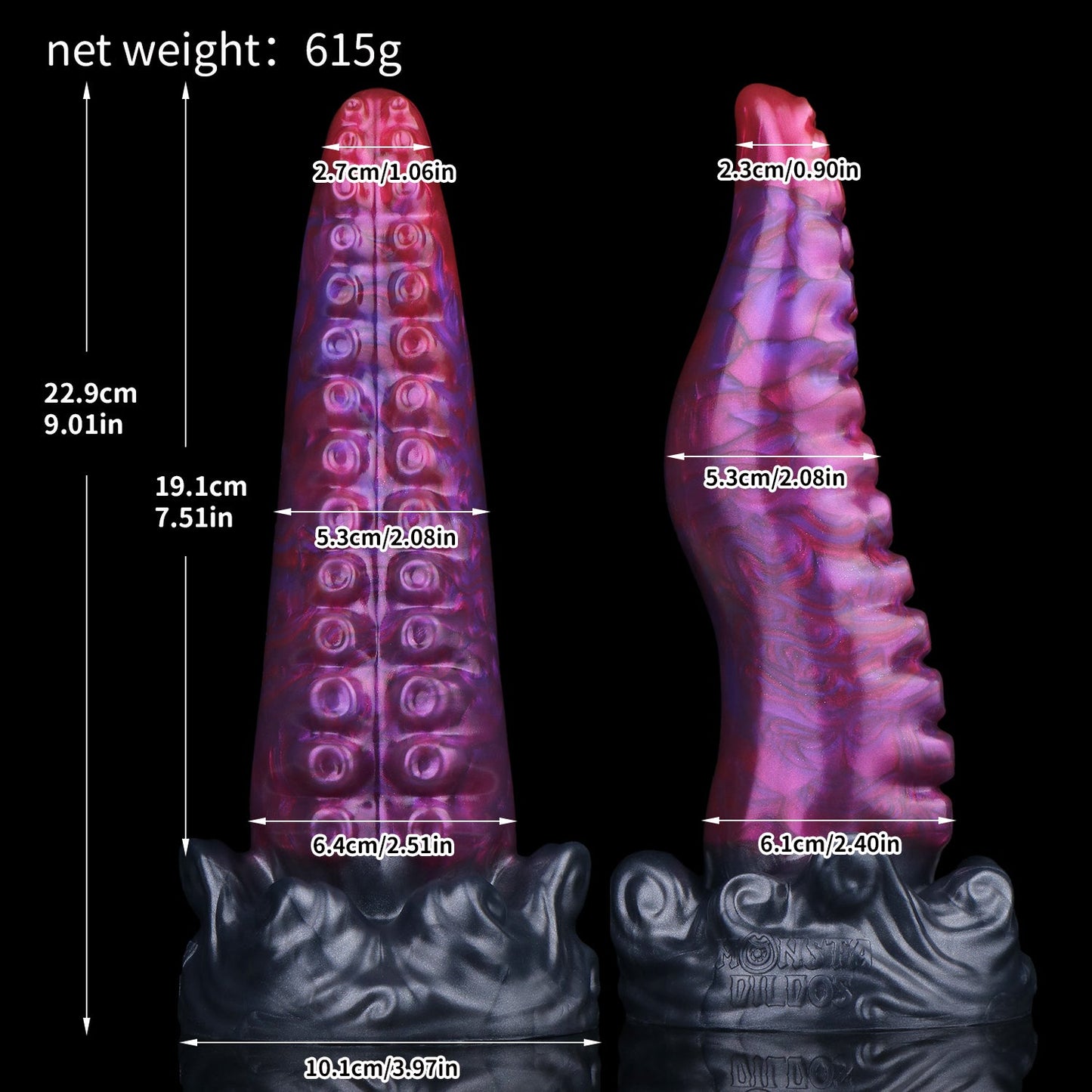 Tendrul the Tentacle dildo, Adrenaline colorway, size chart with insertable length, total length, diameter and weight measurements