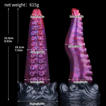 Tendrul the Tentacle dildo, Adrenaline colorway, size chart with insertable length, total length, diameter and weight measurements
