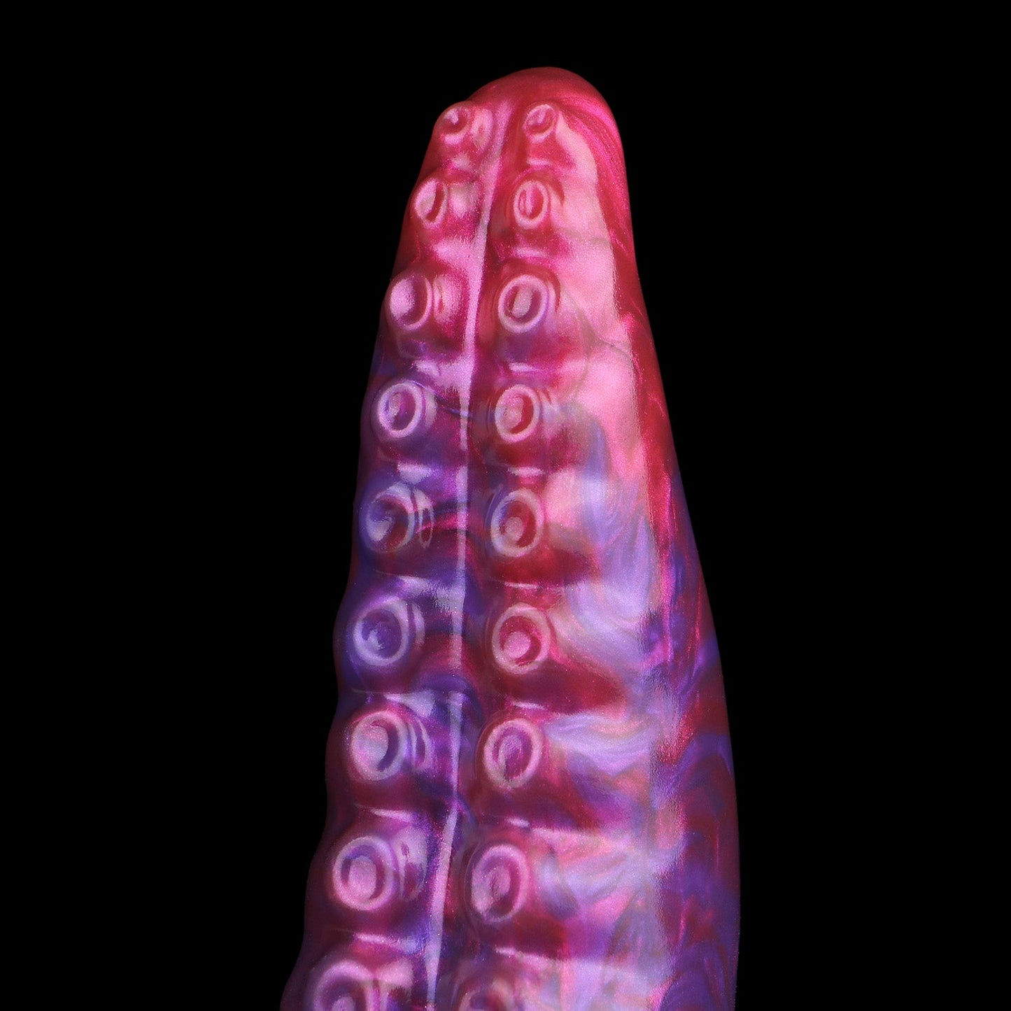 Tendrul the Tentacle dildo, Adrenaline colorway, close-up of the sucker detail and crimson veining along the tentacle