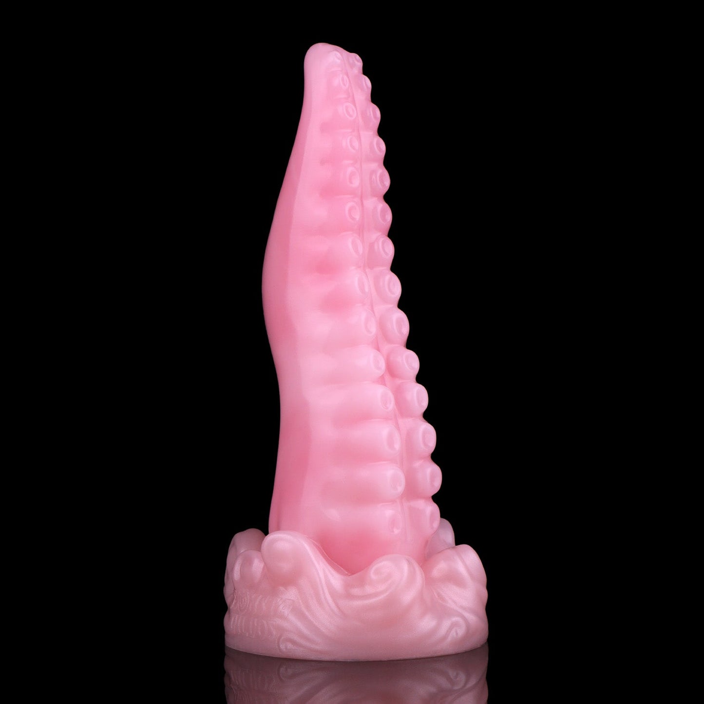 Tendrul the Tentacle dildo, Fairy Floss colorway, standing upright with the rows of suckers facing forward