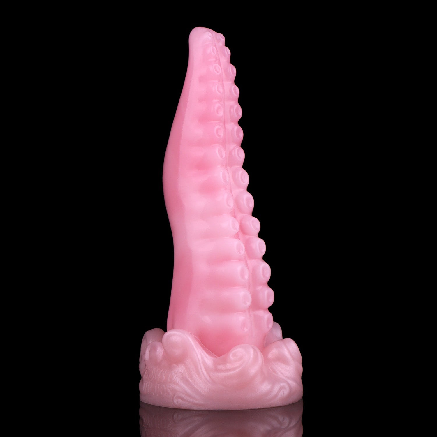 Tendrul the Tentacle dildo, Fairy Floss colorway, standing upright with the rows of suckers facing forward