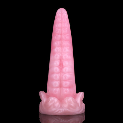Tendrul the Tentacle dildo, Fairy Floss colorway, standing upright showing the smooth back of the tentacle in soft shimmering pink