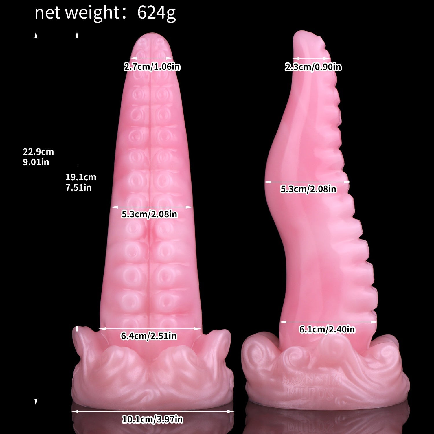 Tendrul the Tentacle dildo, Fairy Floss colorway, size chart with insertable length, total length, diameter and weight measurements
