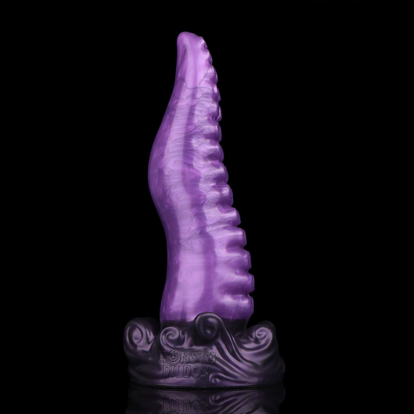 Tendrul the Tentacle dildo, Grape colorway, standing upright showing the smooth back of the tapering tentacle