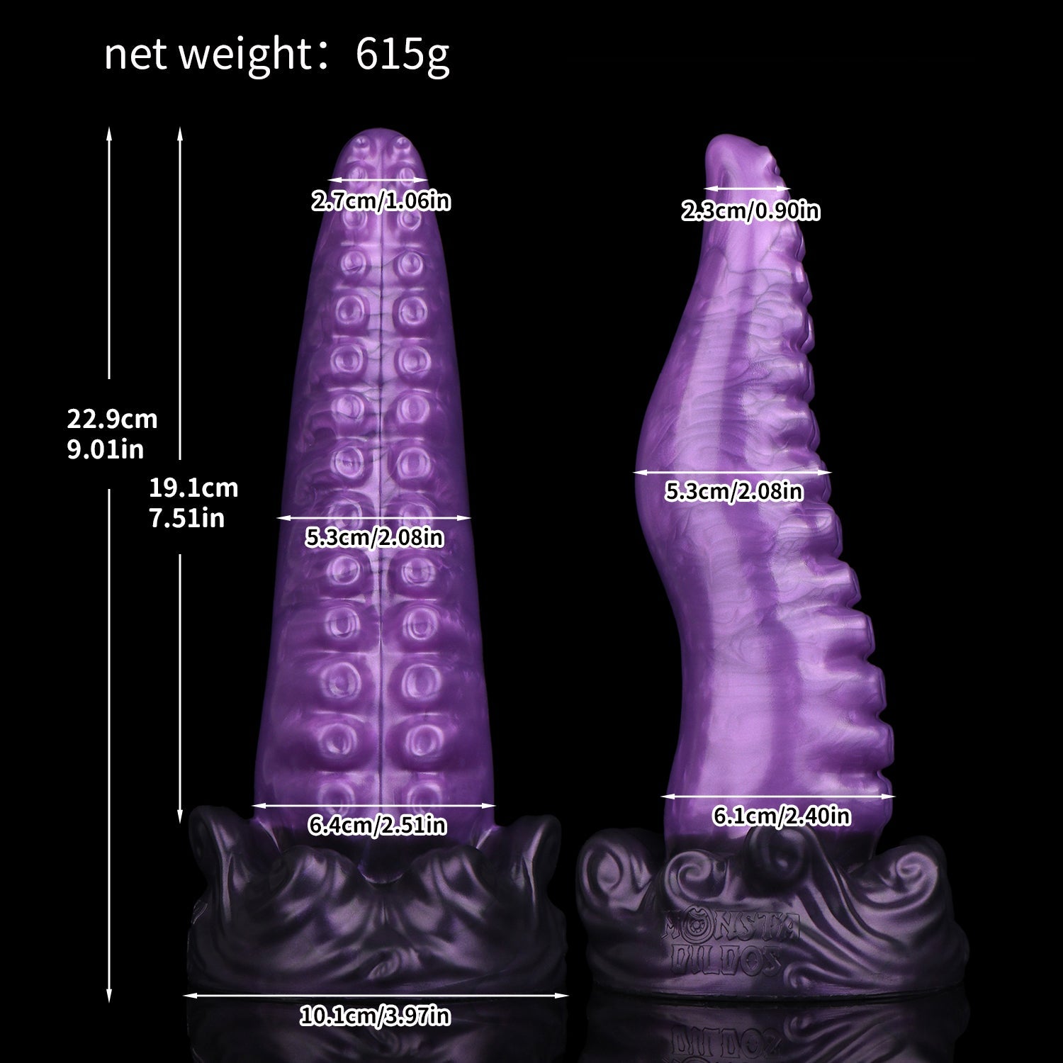 Tendrul the Tentacle dildo, Grape colorway, size chart with insertable length, total length, diameter and weight measurements