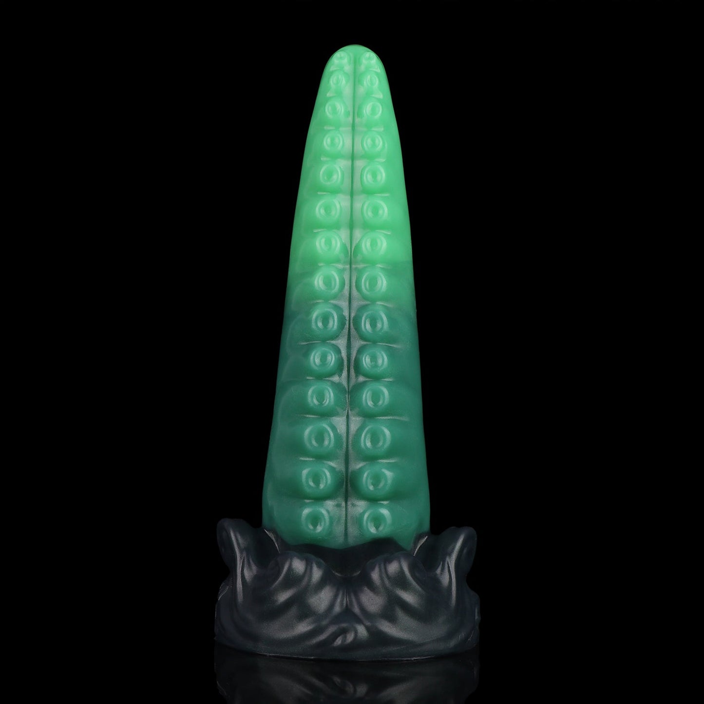 Tendrul the Tentacle dildo, Ogre colorway, standing upright showing the smooth back of the tentacle in layered greens