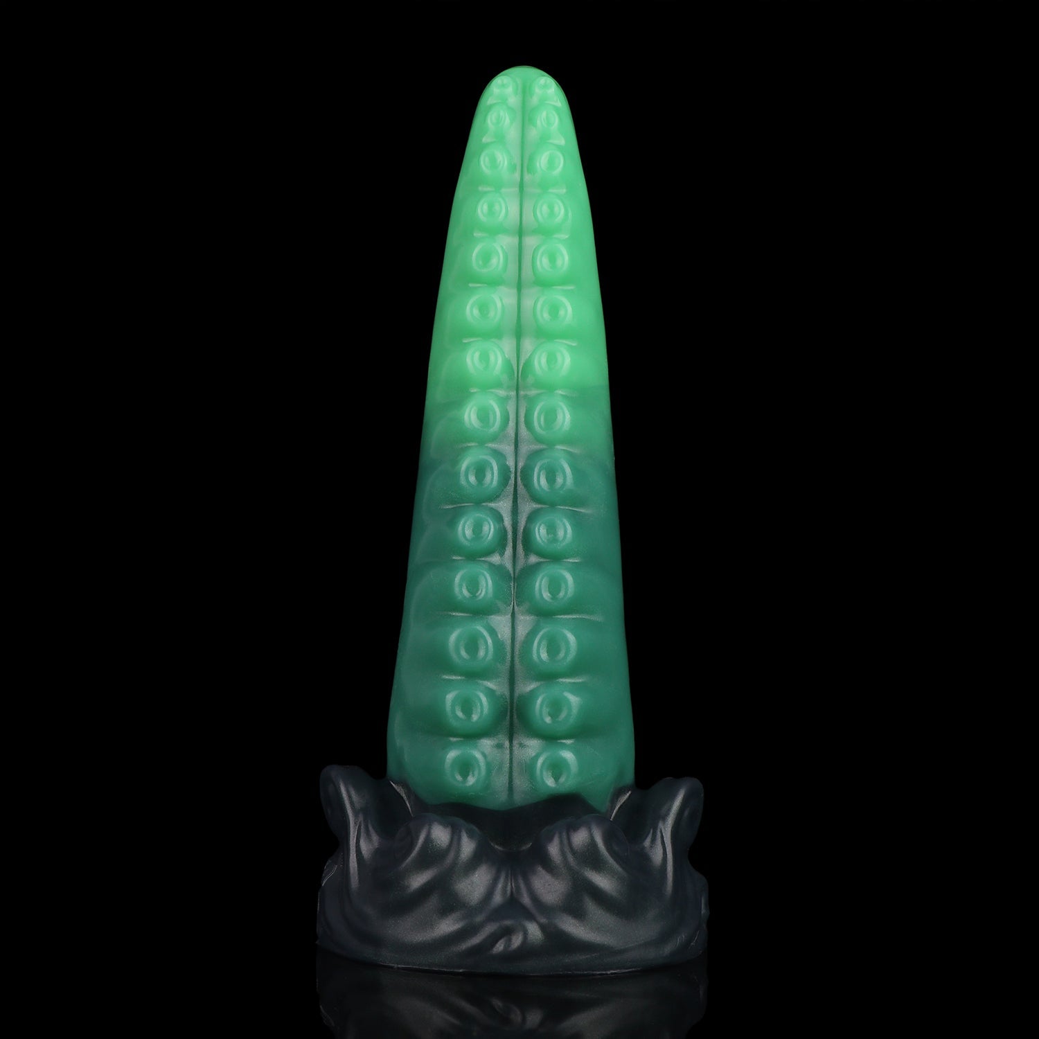 Tendrul the Tentacle dildo, Ogre colorway, standing upright showing the smooth back of the tentacle in layered greens