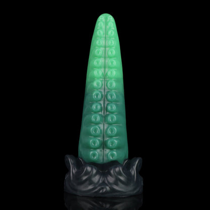 Tendrul the Tentacle dildo, Ogre colorway, standing upright showing the smooth back of the tentacle in layered greens