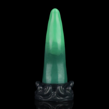 Tendrul the Tentacle dildo, Ogre colorway, standing upright showing the vibrant green tip above the darker base
