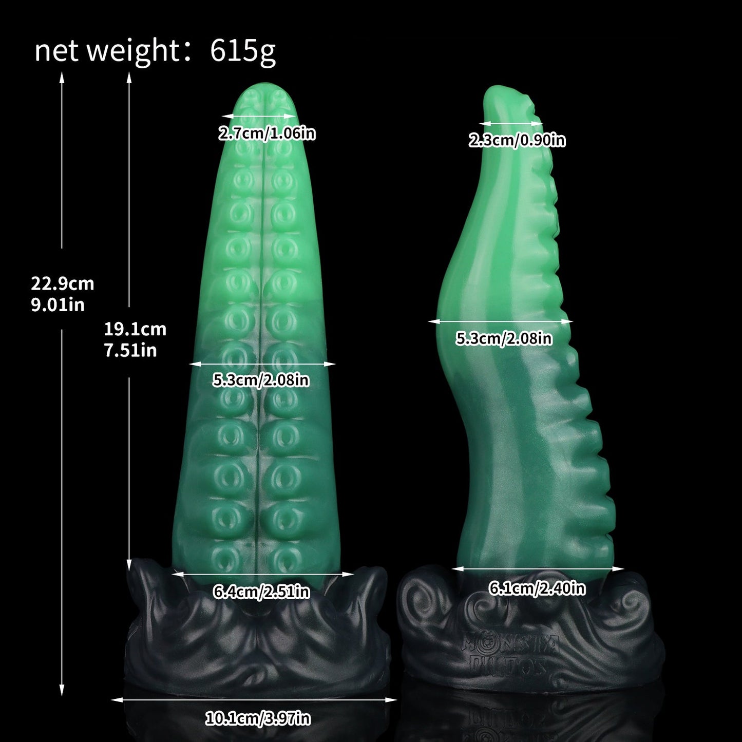 Tendrul the Tentacle dildo, Ogre colorway, size chart with insertable length, total length, diameter and weight measurements