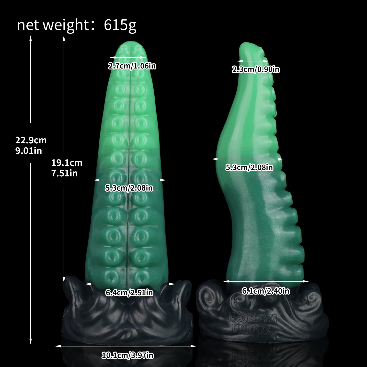 Tendrul the Tentacle dildo, Ogre colorway, size chart with insertable length, total length, diameter and weight measurements