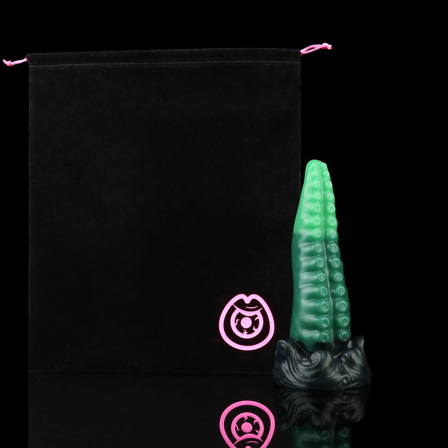 Tendrul the Tentacle dildo, Ogre colorway, shown alongside the included black Lunara's Realm storage pouch
