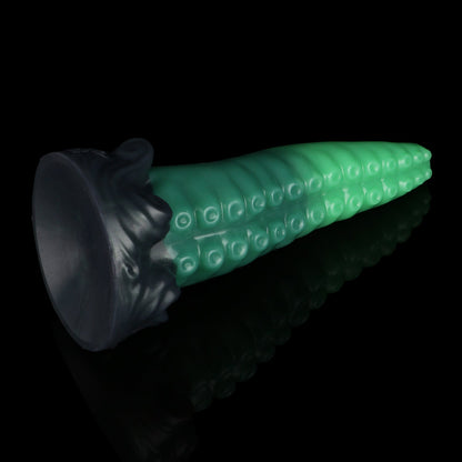 Tendrul the Tentacle dildo, Ogre colorway, tilted to show the whirlpool-wave suction cup base