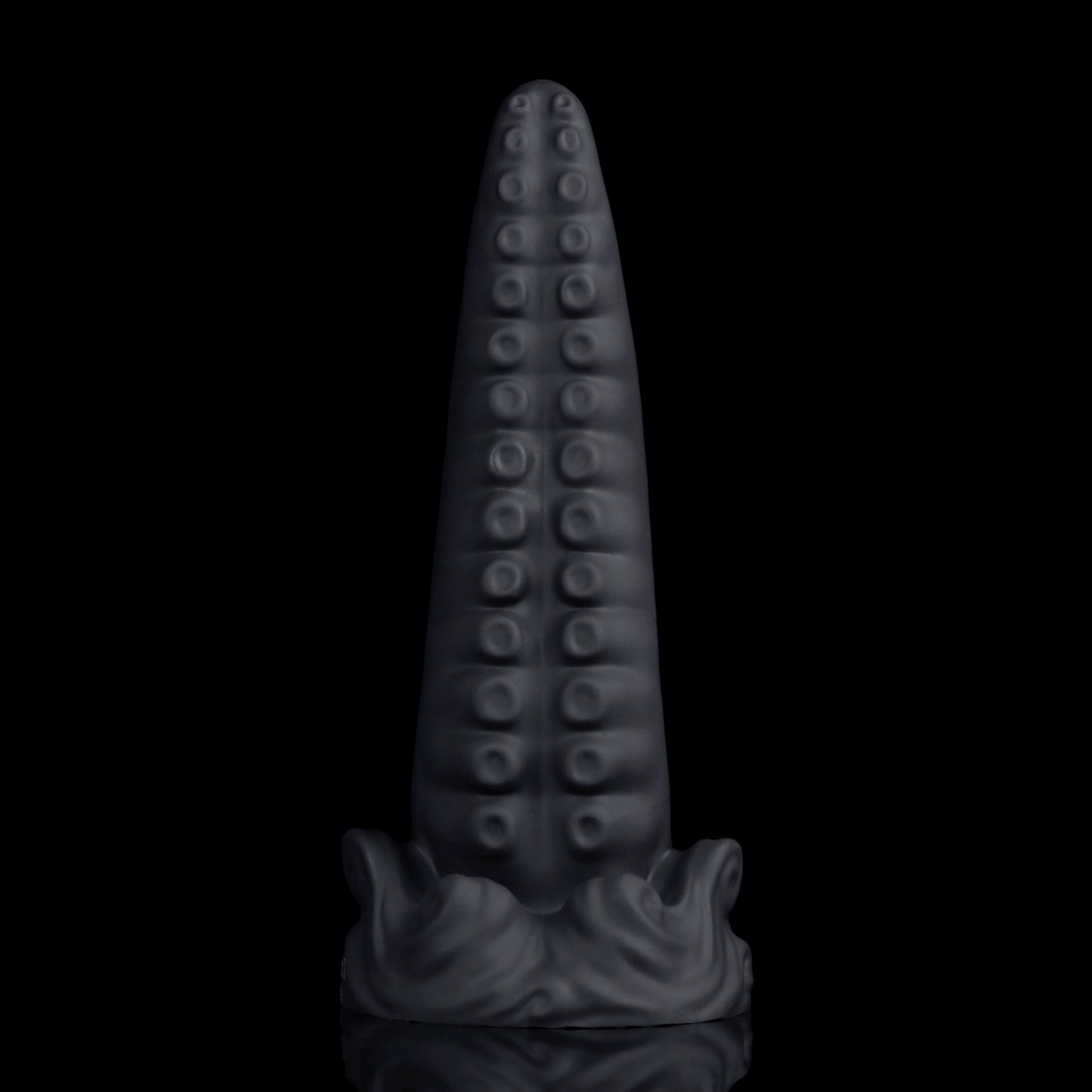 Tendrul the Tentacle dildo, Shadow colorway, standing upright on its whirlpool-wave suction base with the suckers facing forward