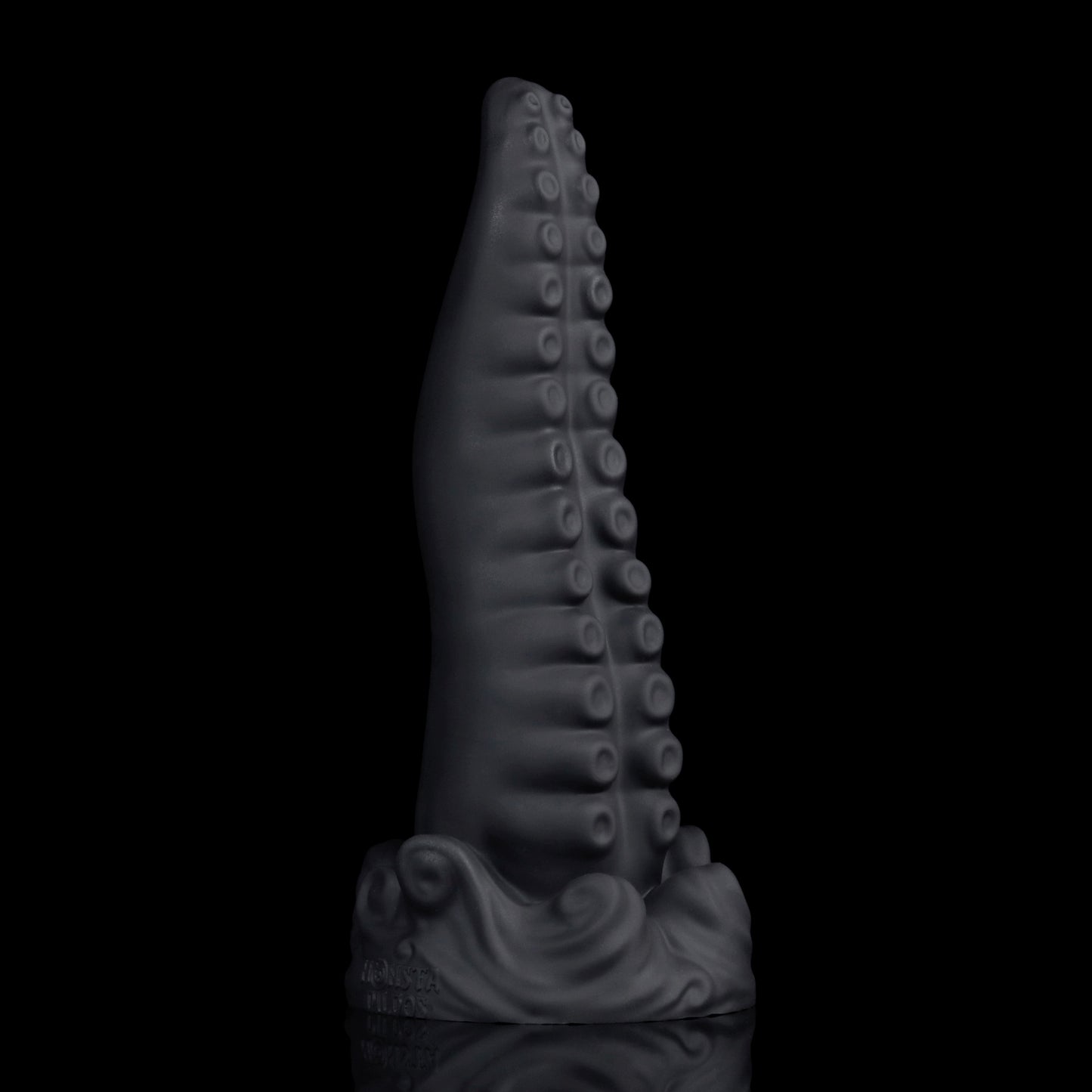 Tendrul the Tentacle dildo, Shadow colorway, standing upright showing the curve of the tentacle and its incremental expansion
