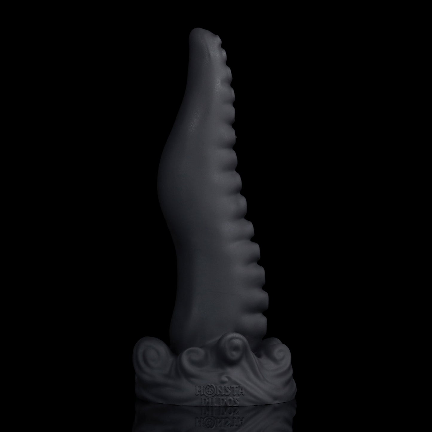 Tendrul the Tentacle dildo, Shadow colorway, standing upright viewed from the side showing the organic taper