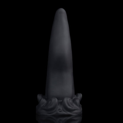 Tendrul the Tentacle dildo, Shadow colorway, standing upright showing the smooth back of the tentacle in deep matte black