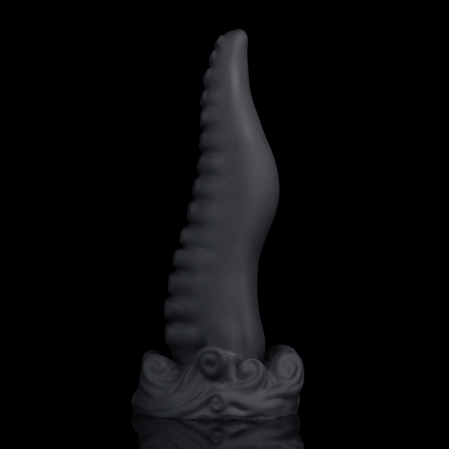 Tendrul the Tentacle dildo, Shadow colorway, standing upright at an angle showing the sculpted whirlpool base