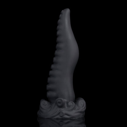 Tendrul the Tentacle dildo, Shadow colorway, standing upright at an angle showing the sculpted whirlpool base