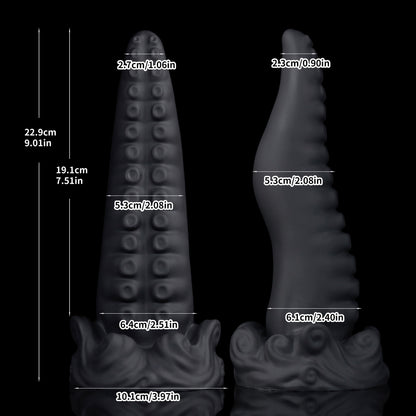 Tendrul the Tentacle dildo, Shadow colorway, size chart with insertable length, total length and diameter measurements