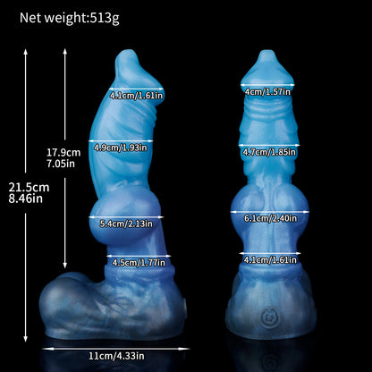 Vulpes the Nightfox dildo, Arctic colorway, size chart with insertable length, total length, diameter and weight measurements