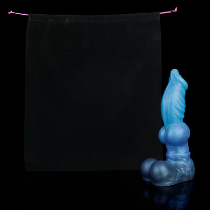 Vulpes the Nightfox dildo, Arctic colorway, shown alongside the included black Lunara's Realm storage pouch