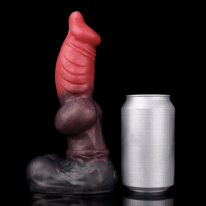 Vulpes the Nightfox dildo, Dusk colorway, standing upright beside a soda can for size comparison