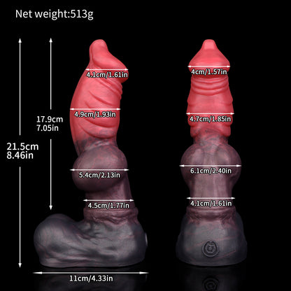 Vulpes the Nightfox dildo, Dusk colorway, size chart with insertable length, total length, diameter and weight measurements