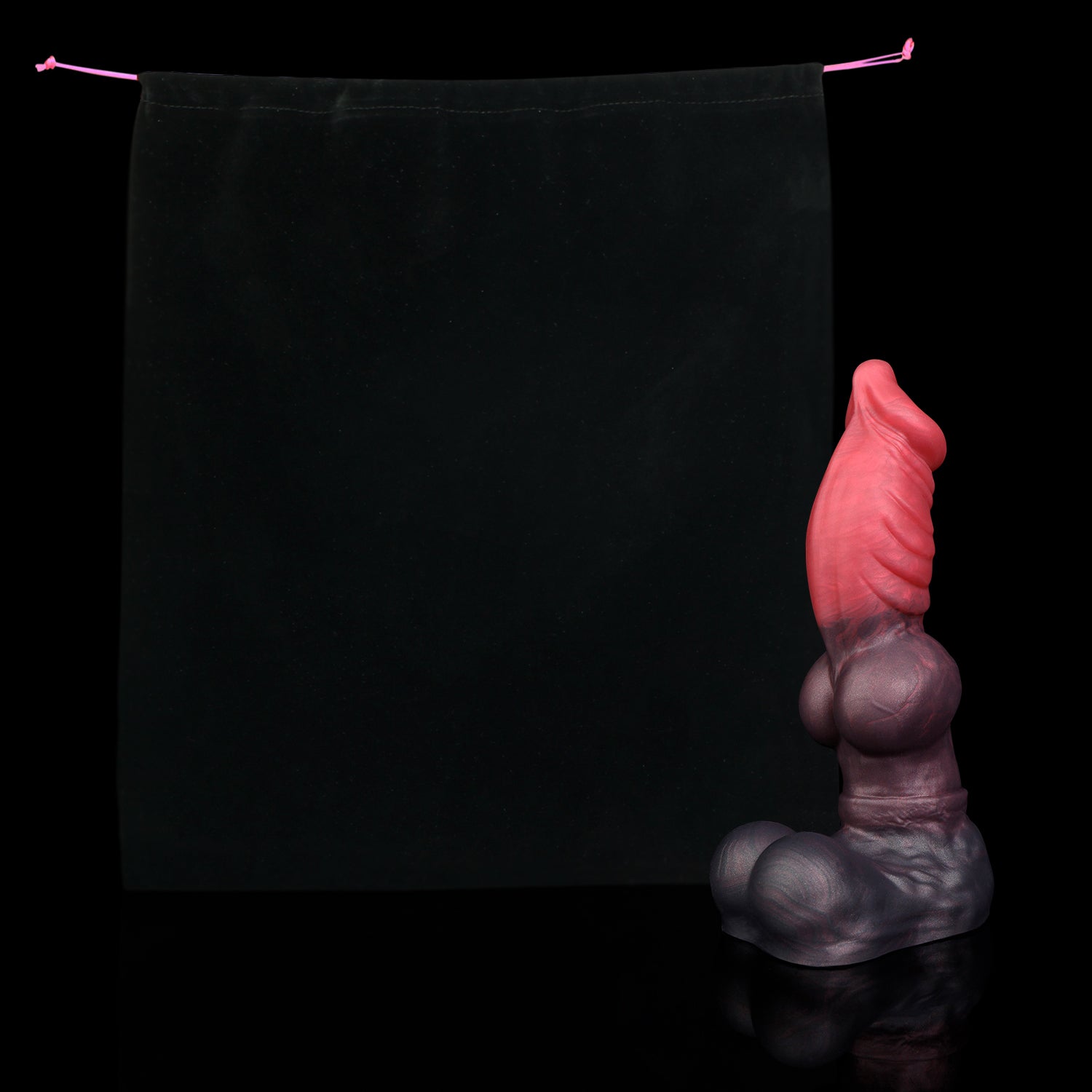 Vulpes the Nightfox dildo, Dusk colorway, shown alongside the included black Lunara's Realm storage pouch