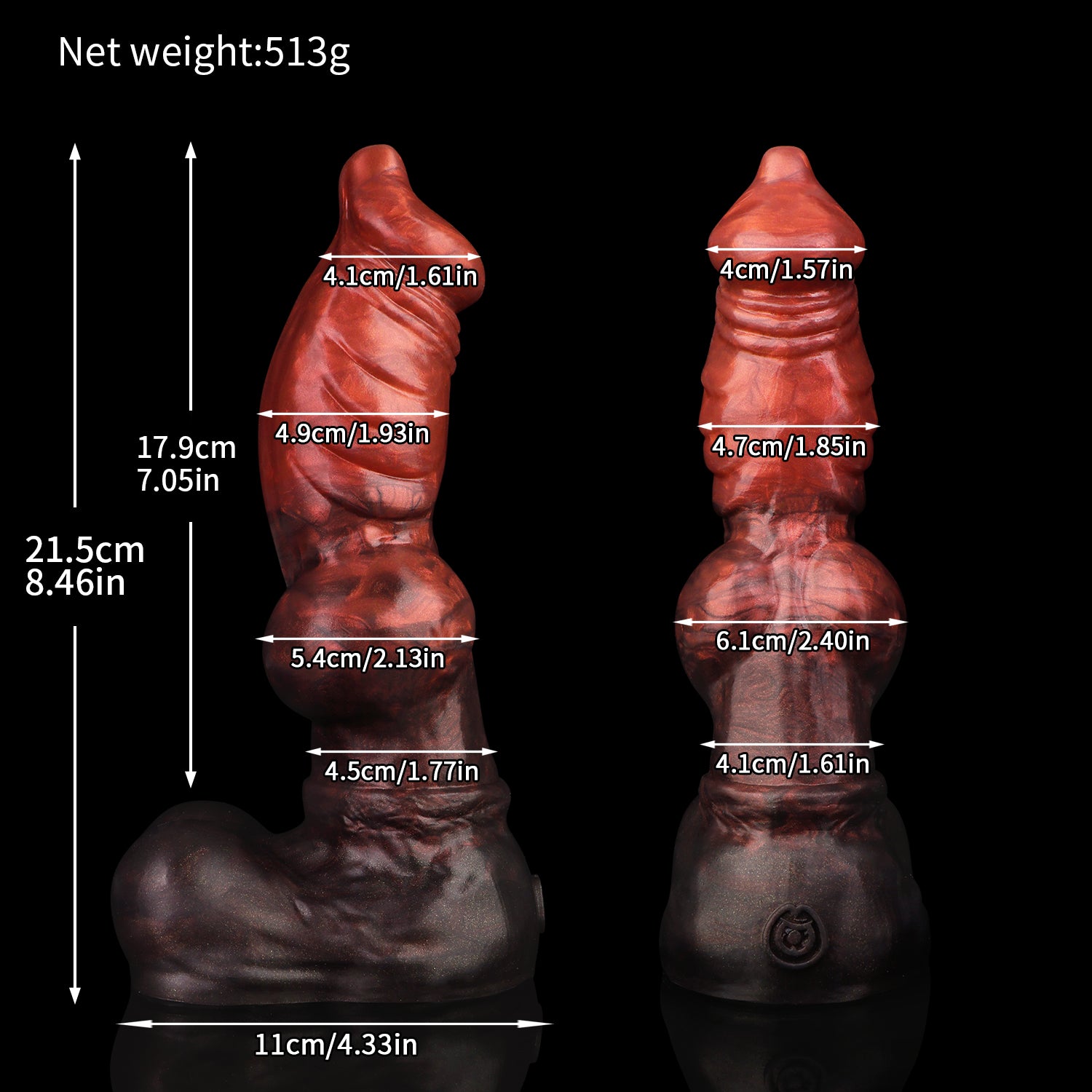 Vulpes the Nightfox dildo, Lava colorway, size chart with insertable length, total length, diameter and weight measurements