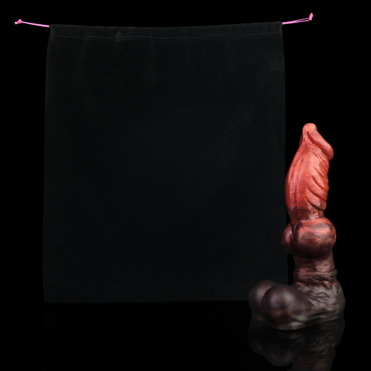 Vulpes the Nightfox dildo, Lava colorway, shown alongside the included black Lunara's Realm storage pouch