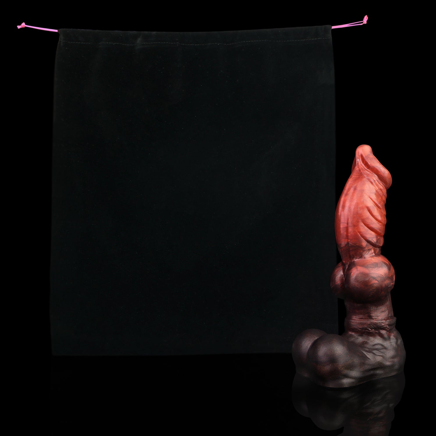 Vulpes the Nightfox dildo, Lava colorway, shown alongside the included black Lunara's Realm storage pouch