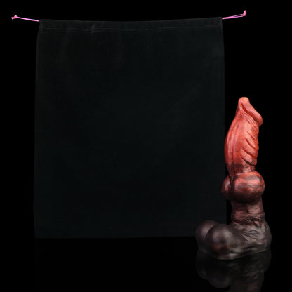 Vulpes the Nightfox dildo, Lava colorway, shown alongside the included black Lunara's Realm storage pouch
