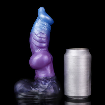 Vulpes the Nightfox dildo, Spectre colorway, standing upright beside a soda can for size comparison