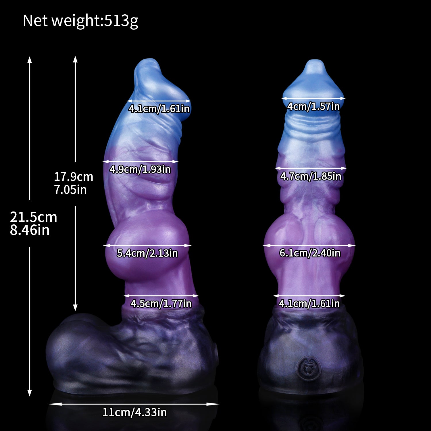 Vulpes the Nightfox dildo, Spectre colorway, size chart with insertable length, total length, diameter and weight measurements