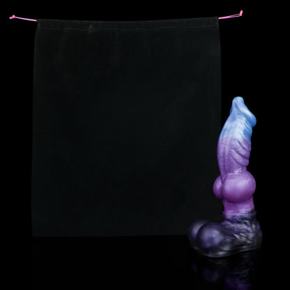 Vulpes the Nightfox dildo, Spectre colorway, shown alongside the included black Lunara's Realm storage pouch